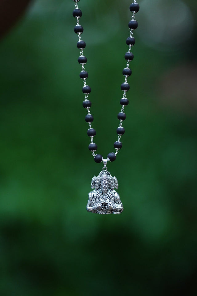 Karungali German Silver Mala with Hanuman Dollar-TYPE I