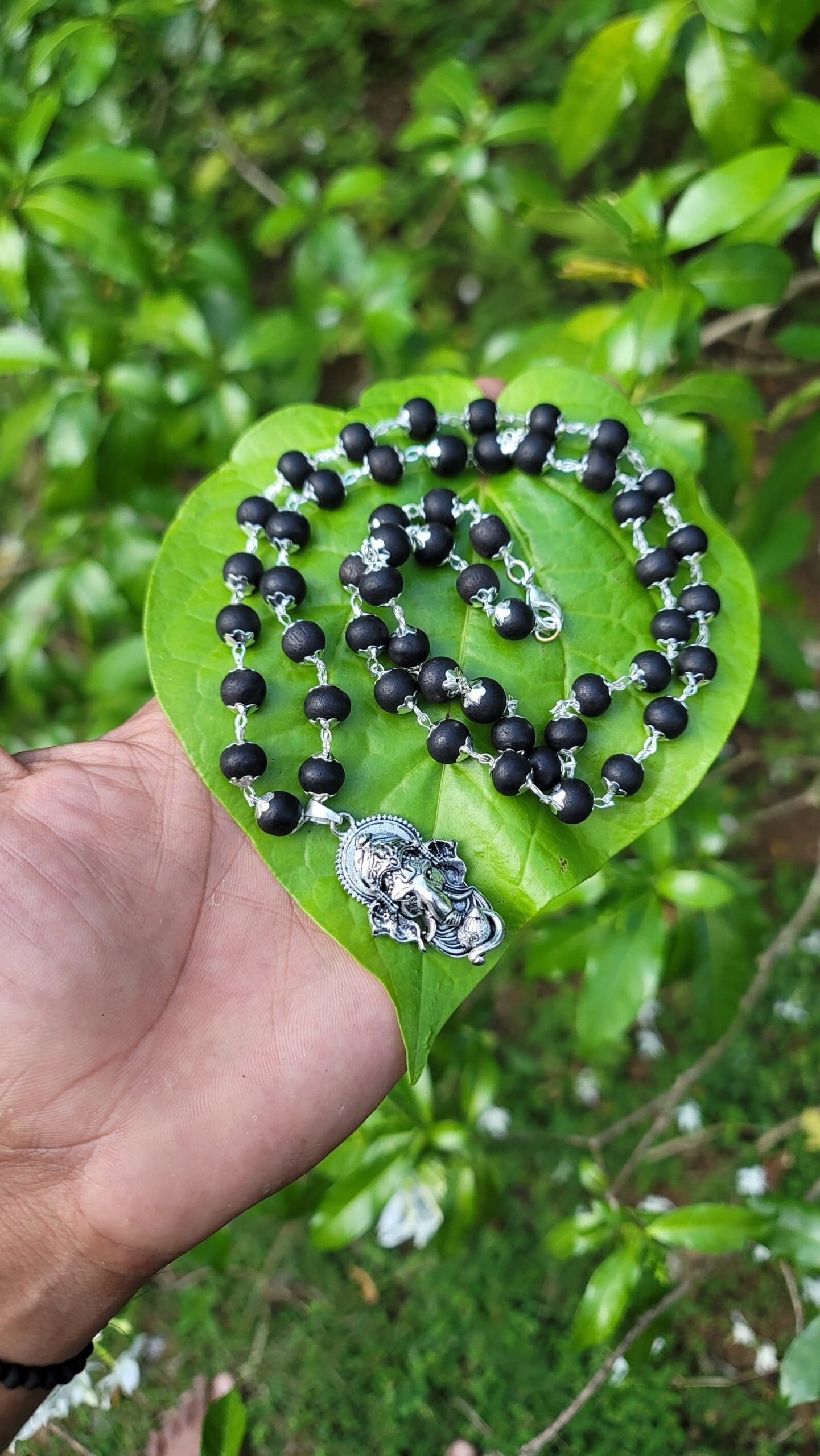Karungali German Silver Mala with Ganesh Face