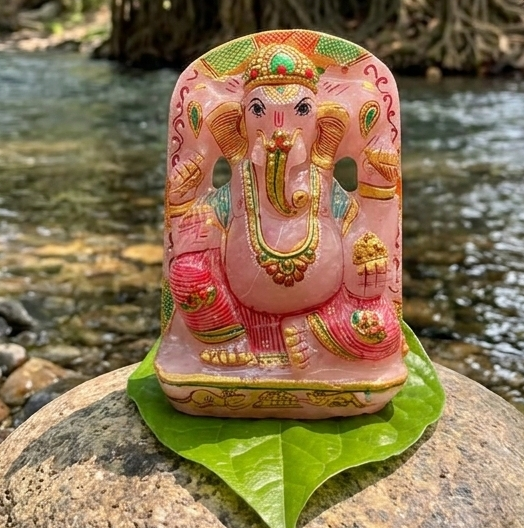 Rose Quartz Ganesha(1kg)-5.8inch Hand paint