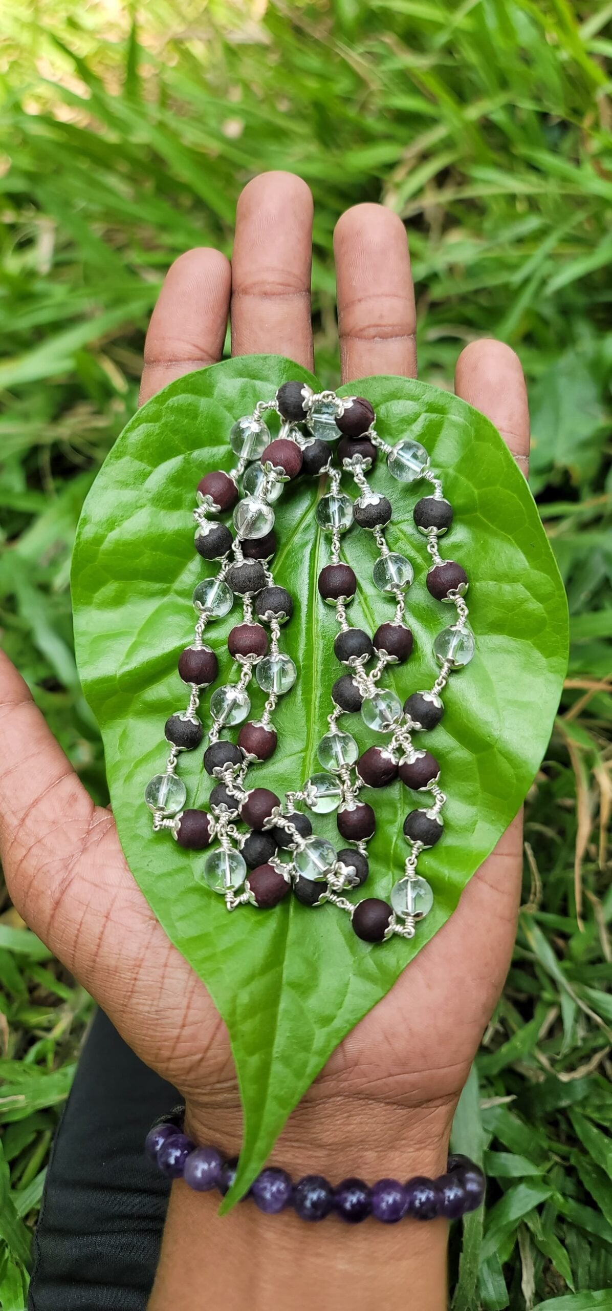 Karungali Red sandal & Spatika mala 8mm - 54 beads Silver(925) Mala