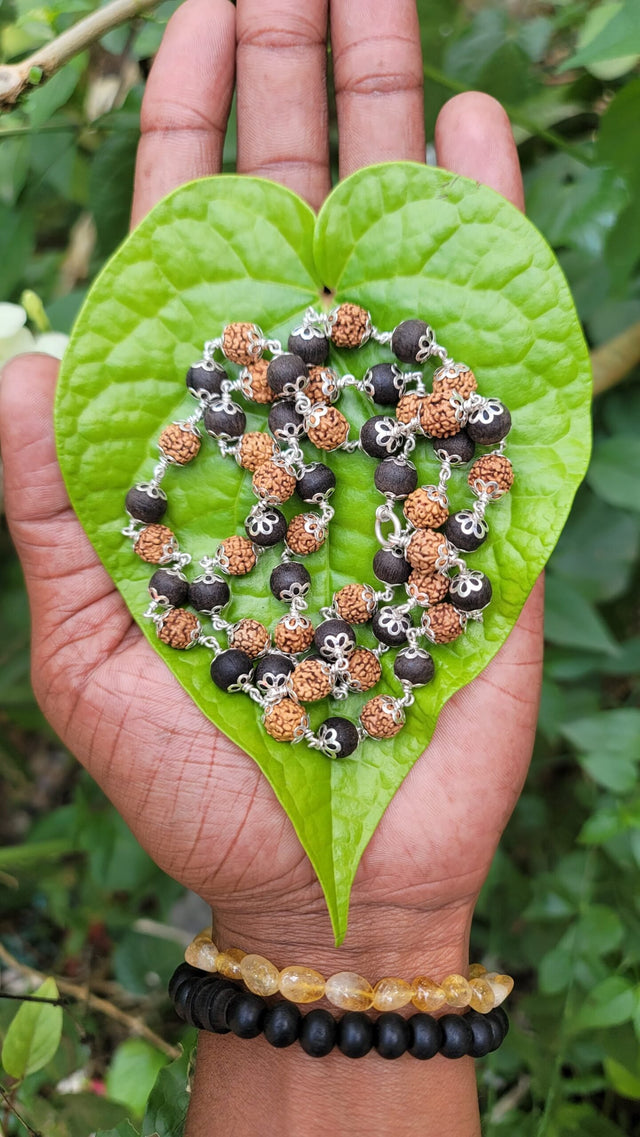 Rudraksha and Karungali Silver(925) flower cap Mala - 8mm
