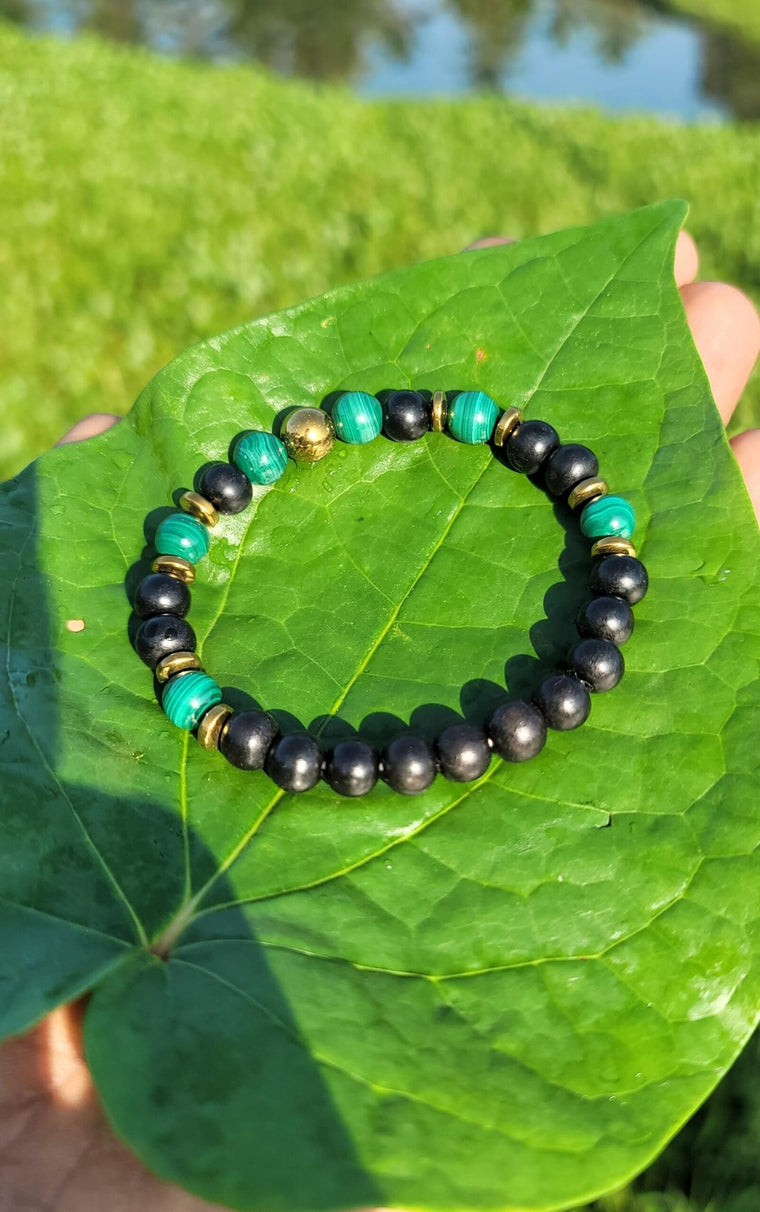 Malachite & Karungali with Gold Accents Bracelet-8mm