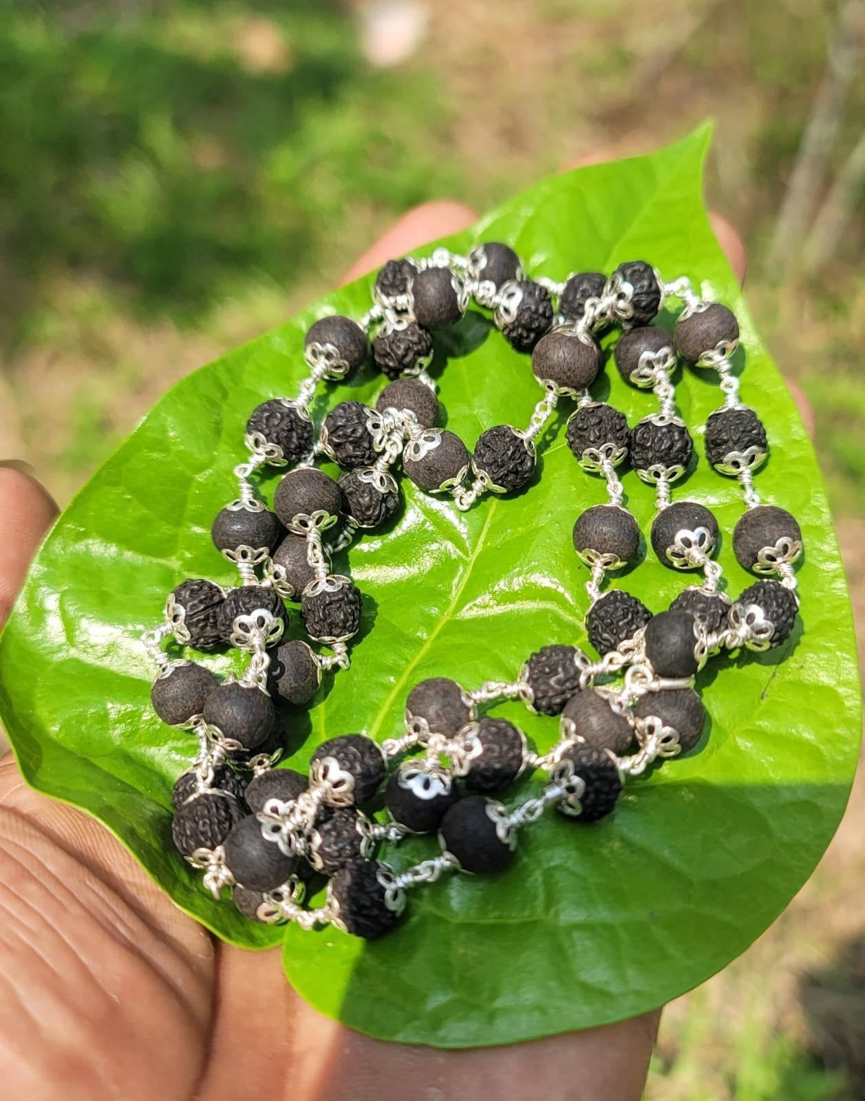 Karungali and Black Rudraksha Silver(925) Flower Cap Mala-8mm 54 beads