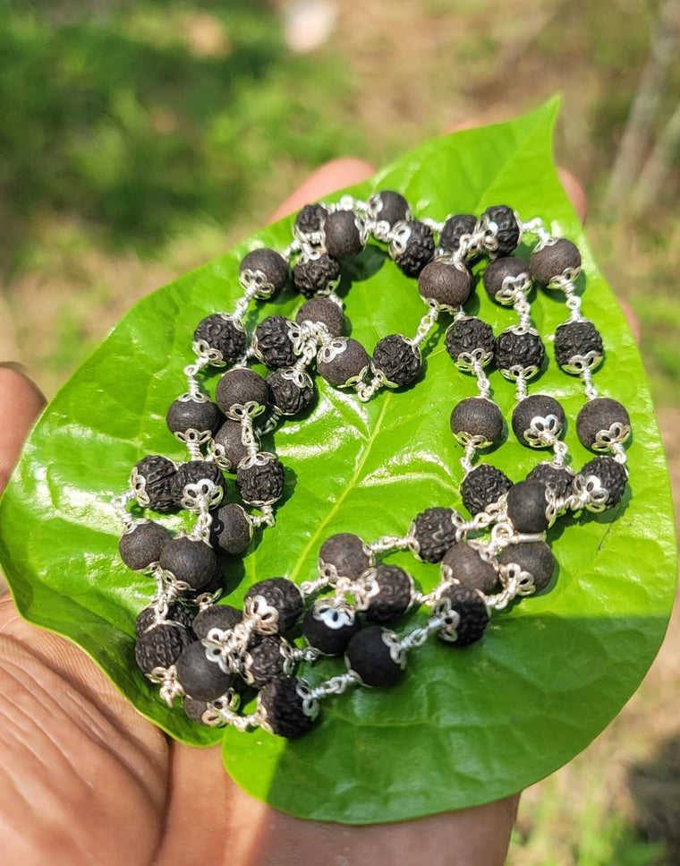 Karungali and Black Rudraksha Silver(925) Flower Cap Mala-8mm 54 beads