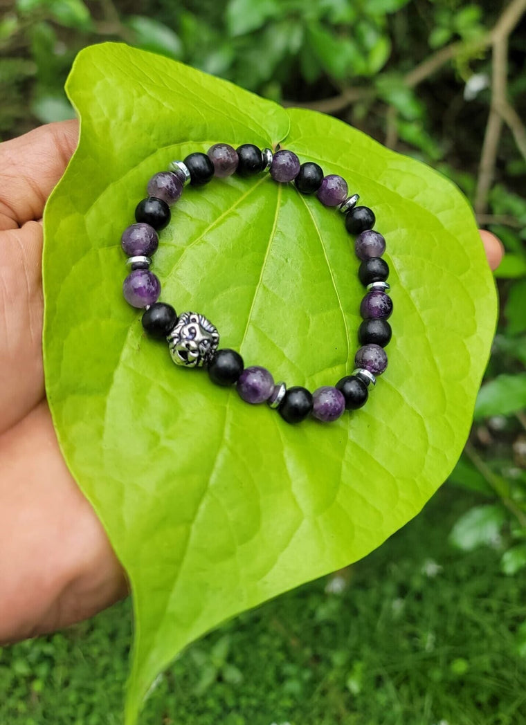 Karungali & Amethyst with Lion face Bracelet-8mm