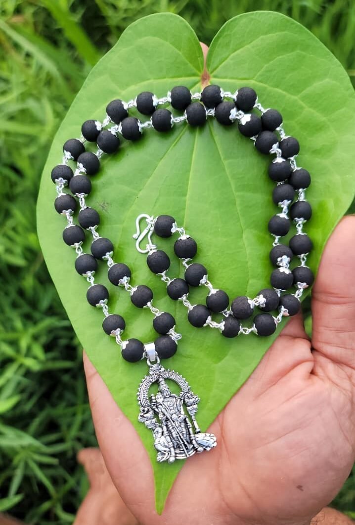 Karungali German Silver Mala With Murugan Dollar TYPE A