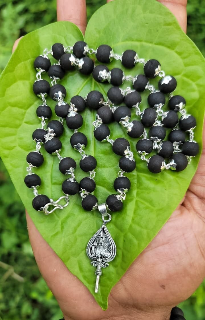 Karungali German Silver Mala With Vel Dollar  8 MM