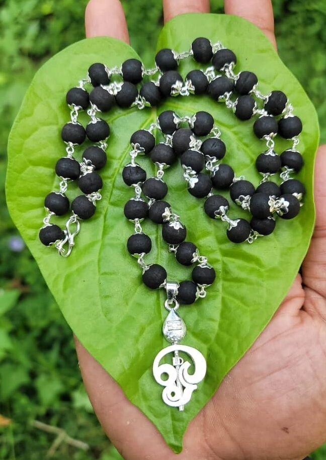 Karungali German Silver Mala With Tamil om 8 MM