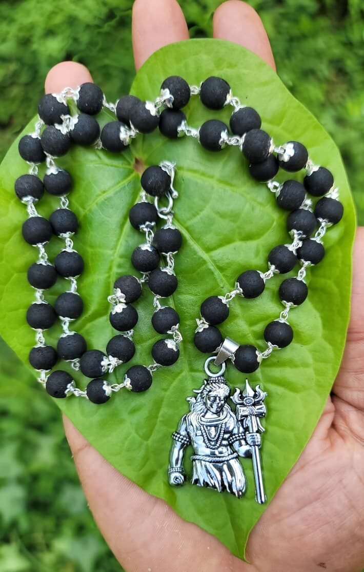 Karungali German Silver Mala With Shiva Dollar 8 MM-TYPE E