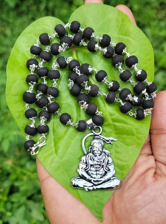 Karungali German Silver Mala With Hanuman Dollar 8 MM-TYPE K