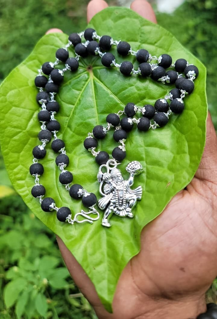 Karungali German Silver Mala With Hanuman Dollar 8 MM-TYPE L