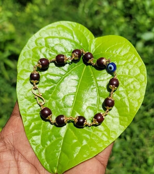 Red Sandal Wood Impon(5Metal) Bracelet 8mm with Evil Eye