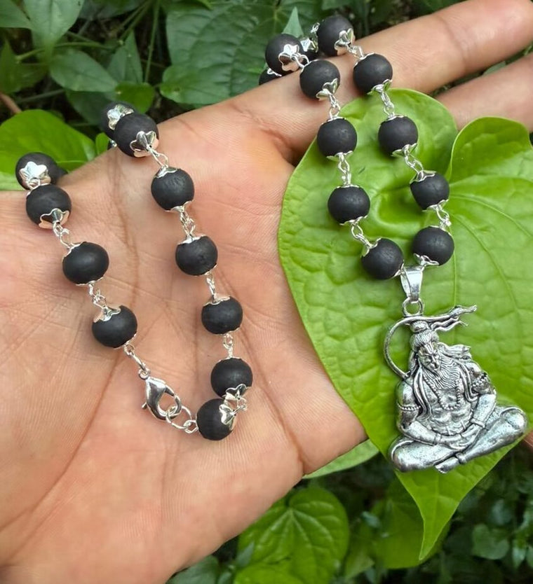 Karungali German Silver Mala with Hanuman Dollar-TYPE A