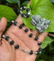 Karungali German Silver Mala with Hanuman Dollar-TYPE I