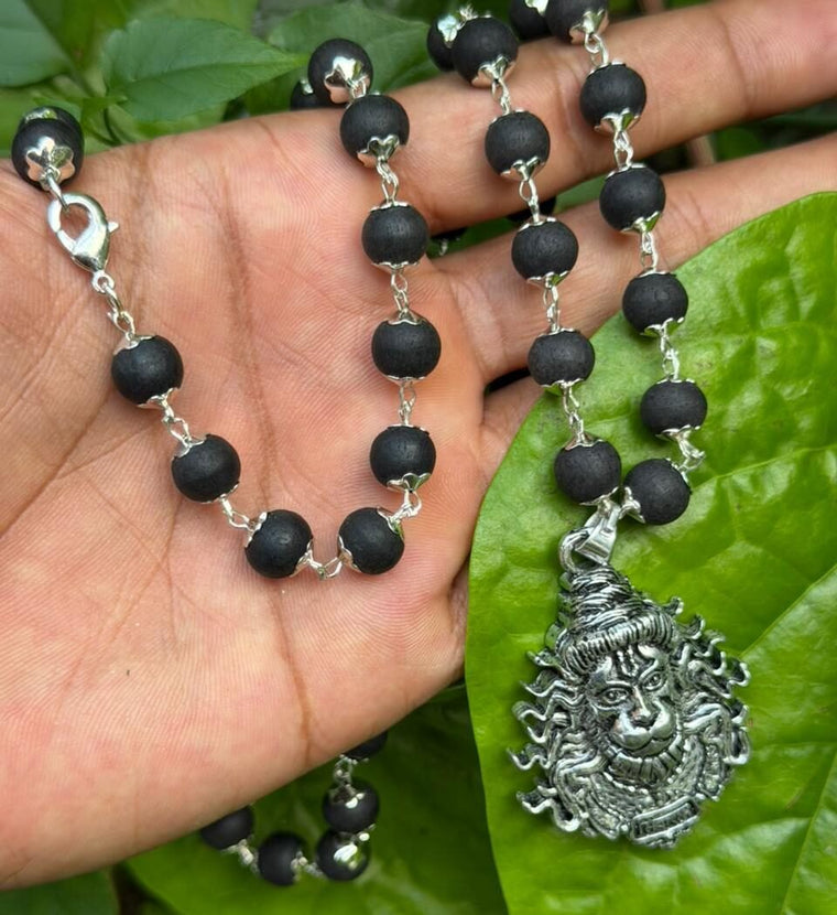 Karungali German Silver mala with Hanuman dollar-TYPE G