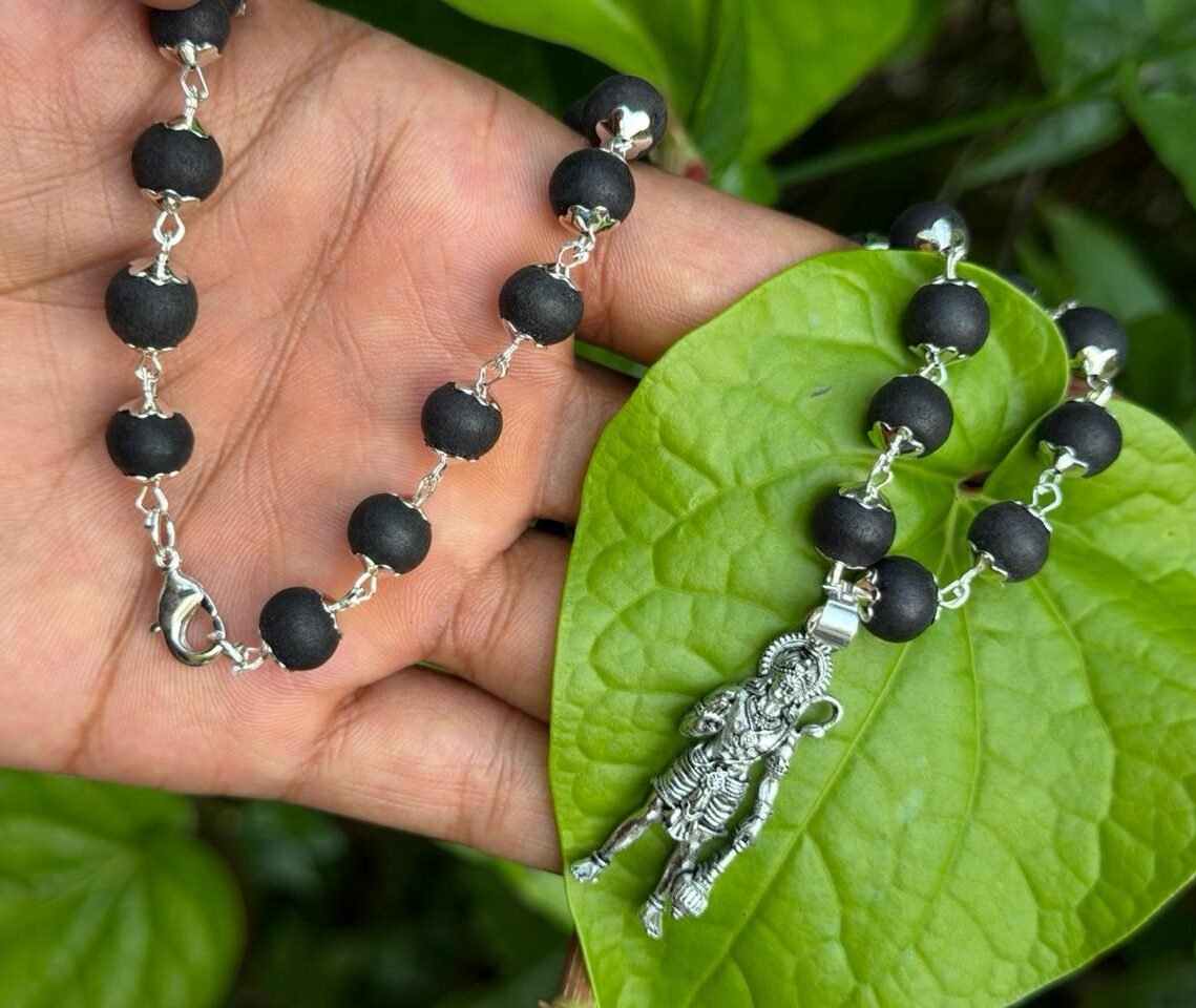 Karungali German Silver Mala with Hanuman Dollar-TYPE F