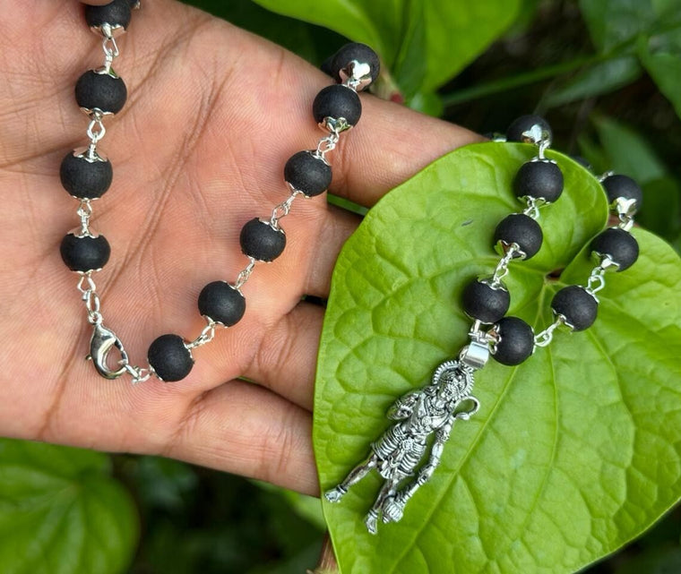 Karungali German Silver Mala with Hanuman Dollar-TYPE F