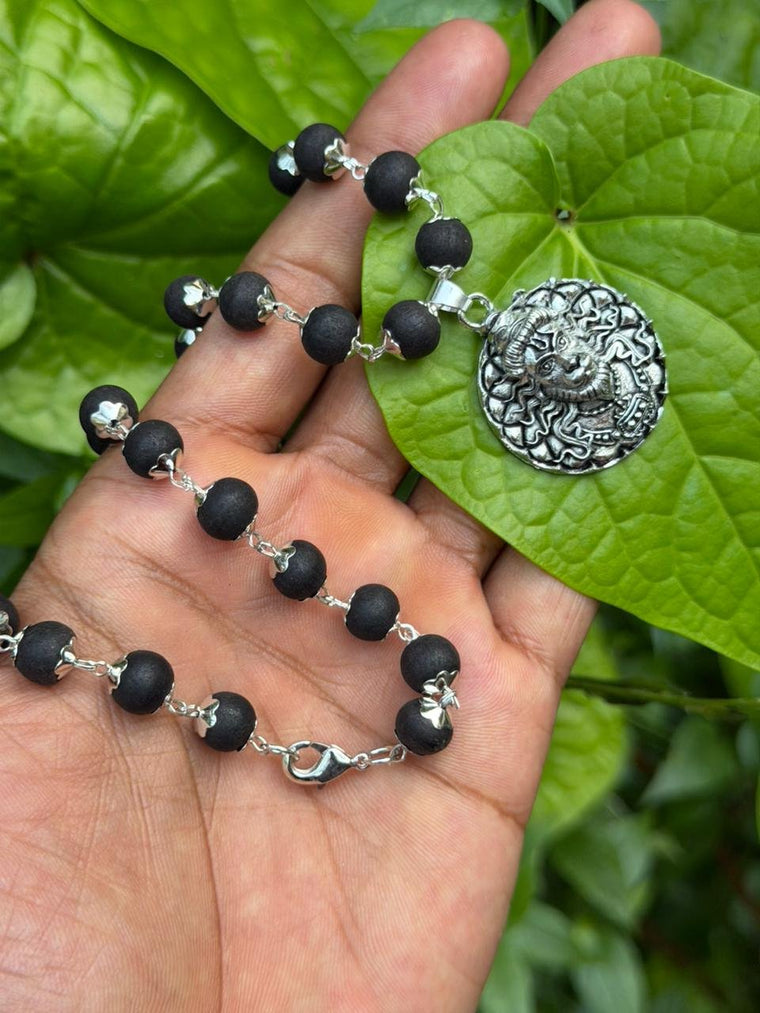 Karungali German Silver Mala with Hanuman Dollar-TYPE B