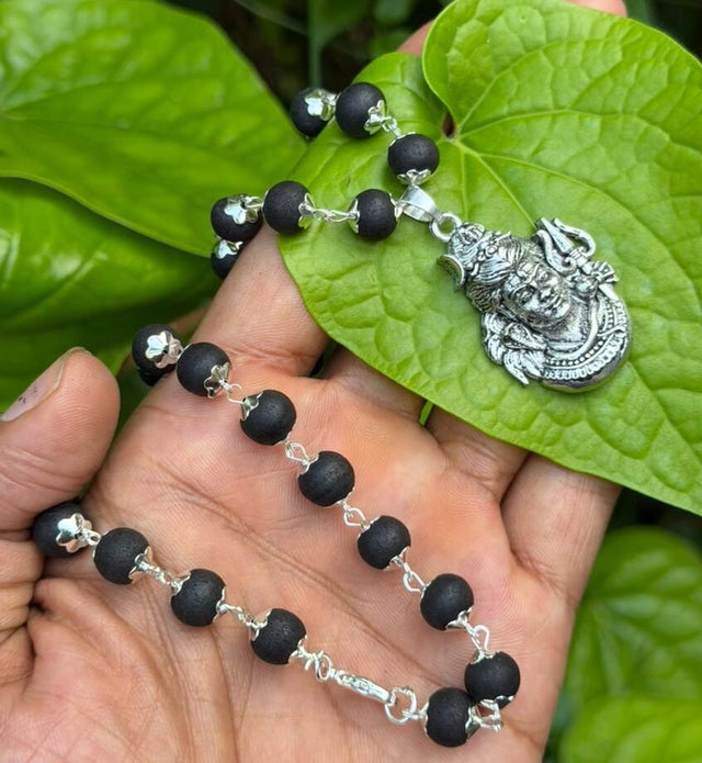 Karungali German Silver Mala with Shiva Dollar -TYPE G