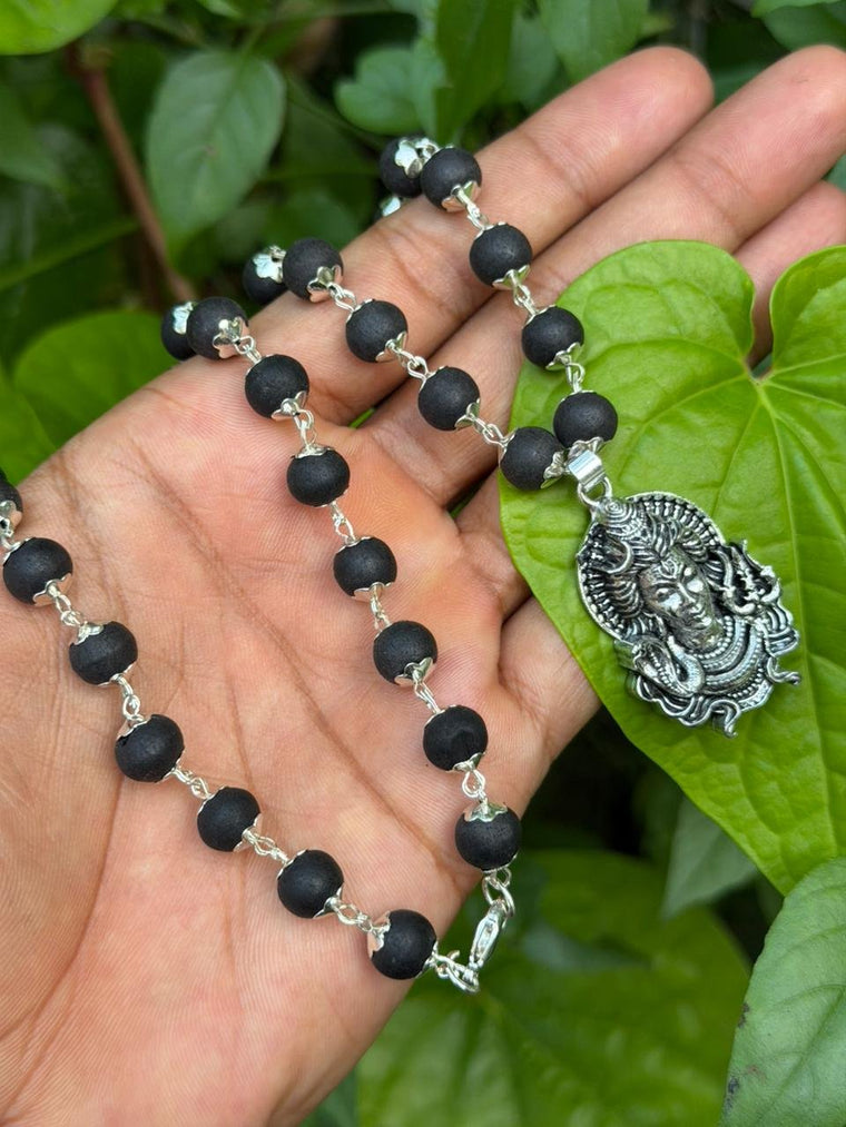 Karungali German Silver Mala with Shiva Dollar-TYPE J