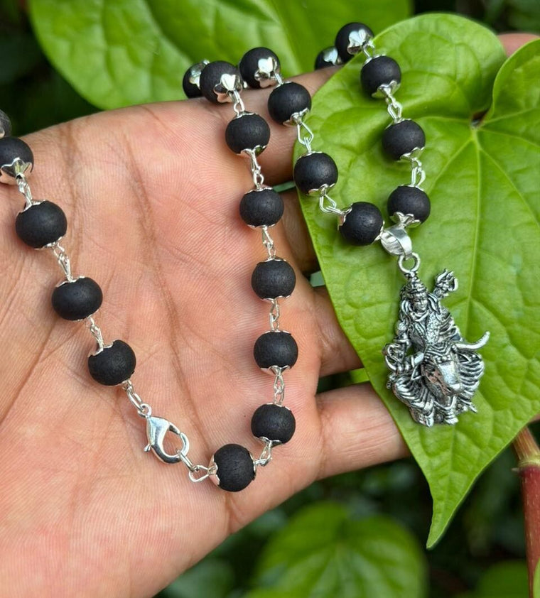 Karungali German Silver Mala with Mahadev on Nandi Pendant