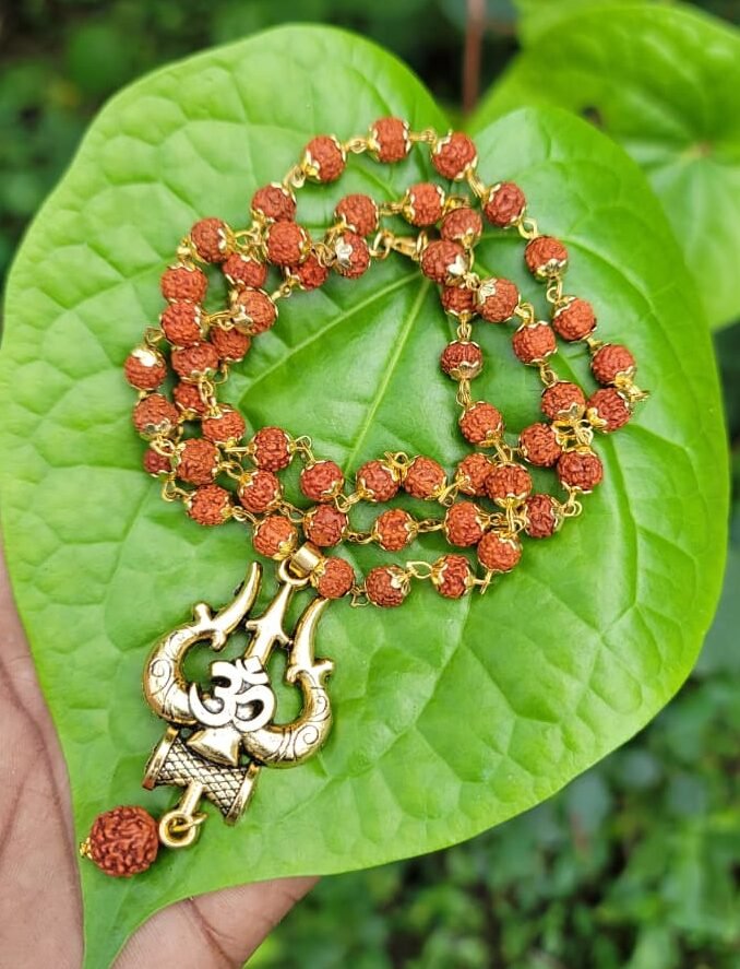 Rudraksha Gold Plated with Om Trisul Pendant-8mm