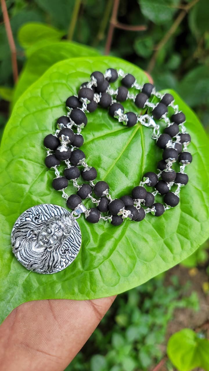 Karungali German Silver Mala With Shiva Dollar  8 MM-TYPE I