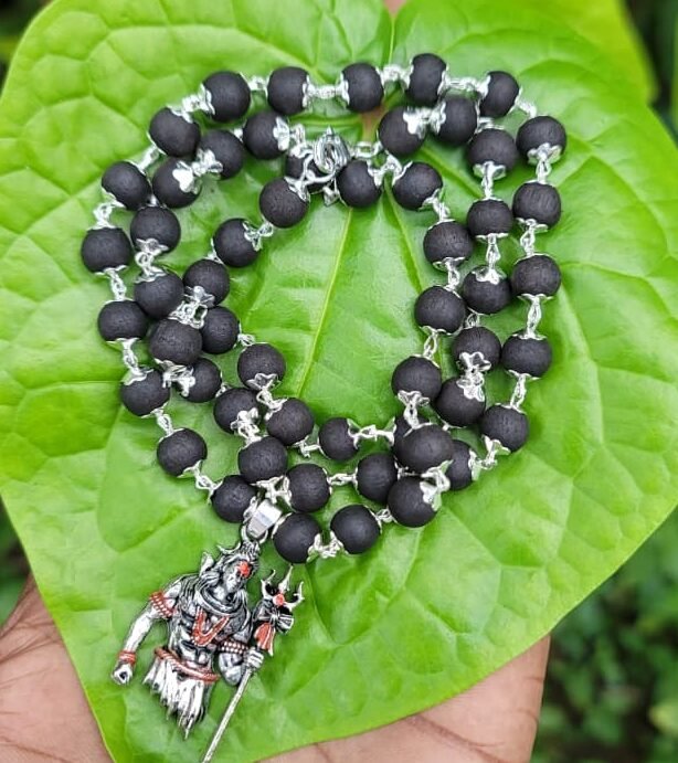 Karungali German Silver Mala With Shiva Dollar 8 MM-TYPE A