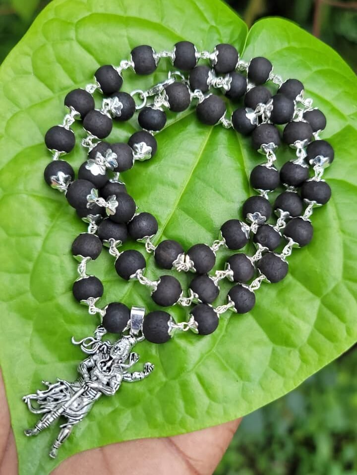 Karungali German Silver Mala With Shiva Dollar  8 MM-TYPE C