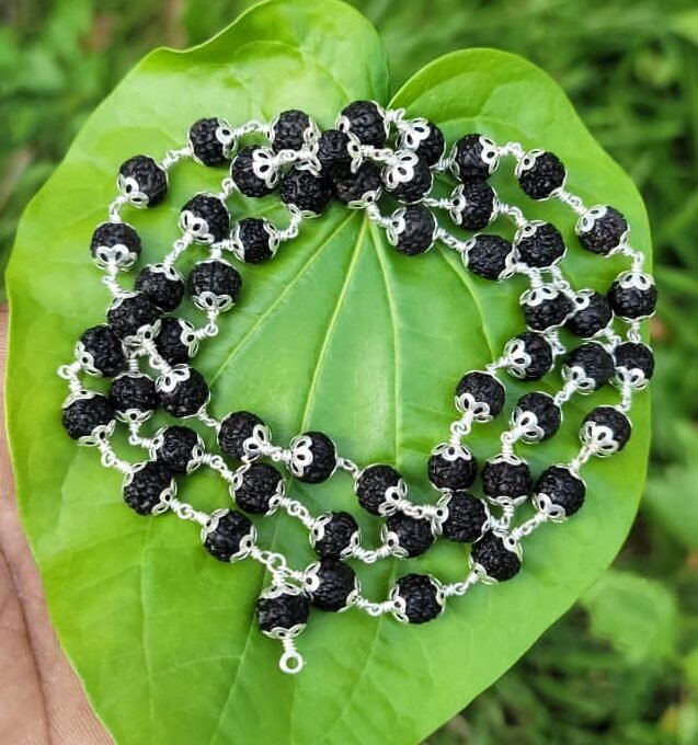 Black Rudraksha Silver(925) Flower Cap Mala-8mm 54 beads