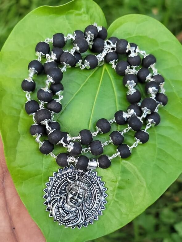 Karungali German Silver Mala With Shiva Dollar 8 MM-TYPE B