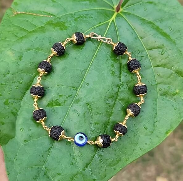 Black Rudraksha Panchaloha(impon)with evil eye Bracelet-8mm