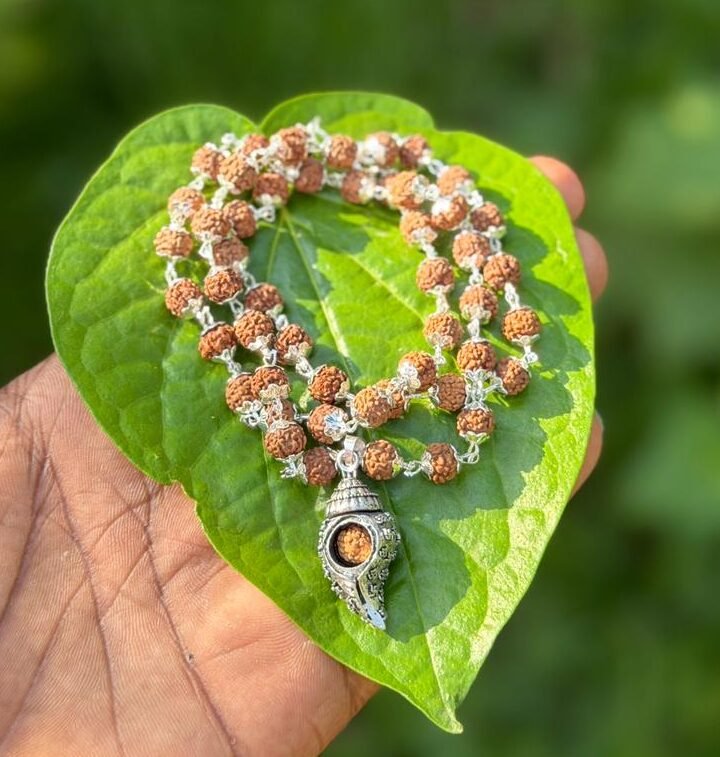 Rudraksha German silver mala Shankh Pendant-7mm