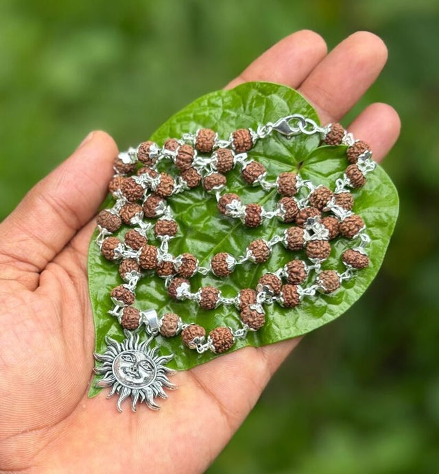 Rudraksha German Silver mala with Sun Pendant 8mm