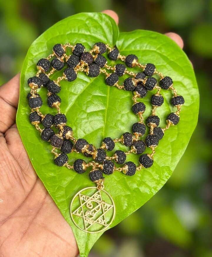 Black Rudraksha Panchaloha(impon) Mala with Saravanabava Dollar 8mm