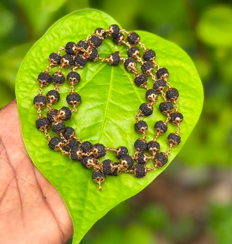 Black Rudraksha Panchaloha(impon) Flower Cap Mala-8mm