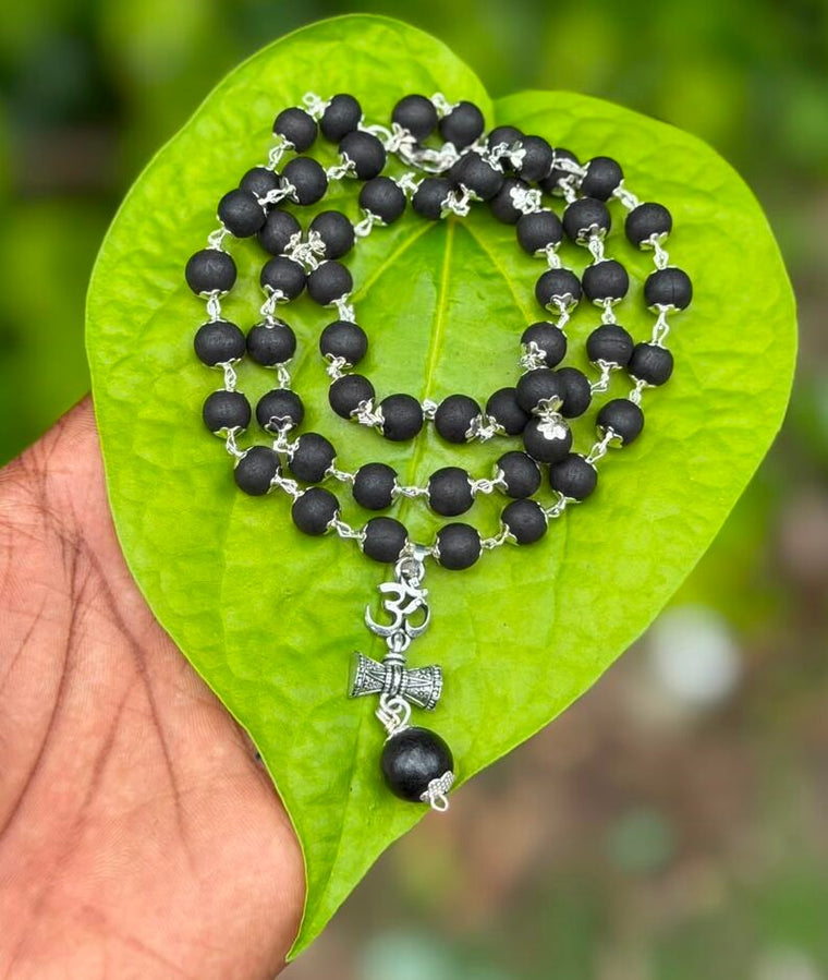Karungali German Silver Mala With Om Damaru Dollar 8mm