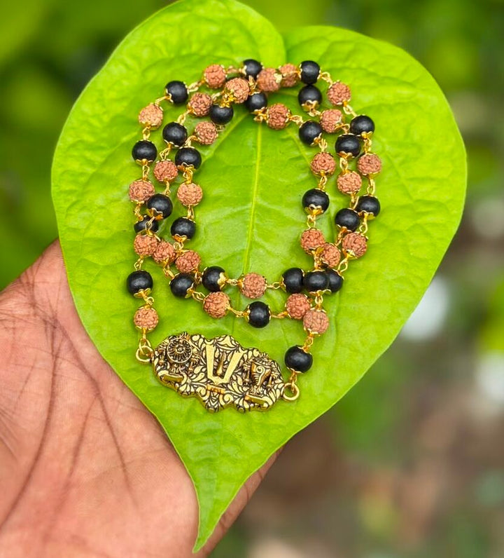 Karungali and Rudraksha Gold Plate Mala With Venkateswara Dollar 7mm