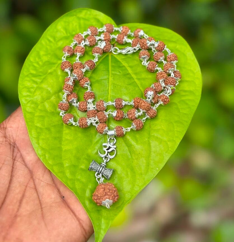 Rudraksha German Silver Mala With Om Damaru Dollar 7mm