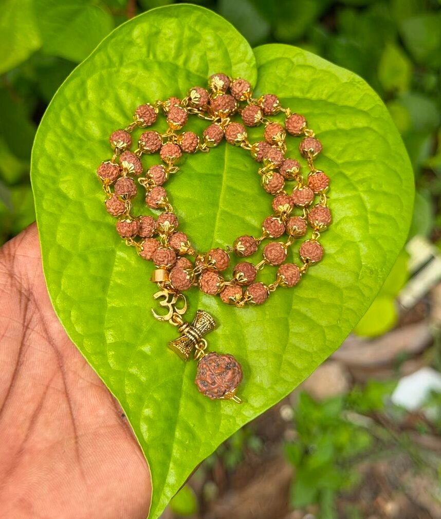 Rudraksha Gold Plate Mala With Om Damaru Dollar 7mm