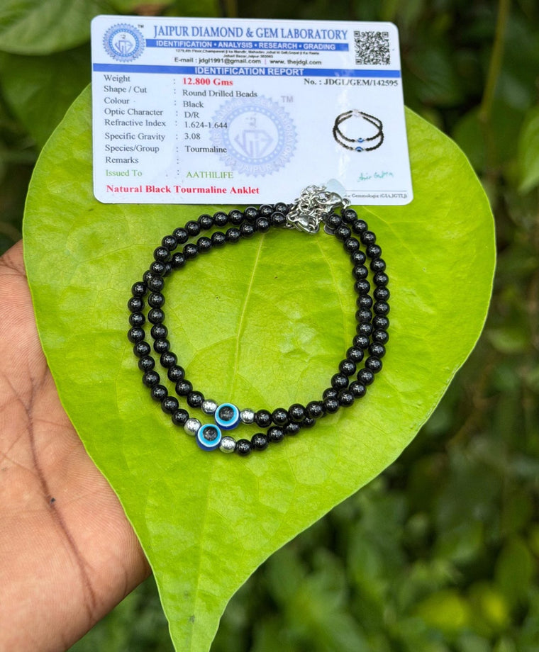Black Tourmaline Anklet with evil eye 4mm(Pair)- For Babies