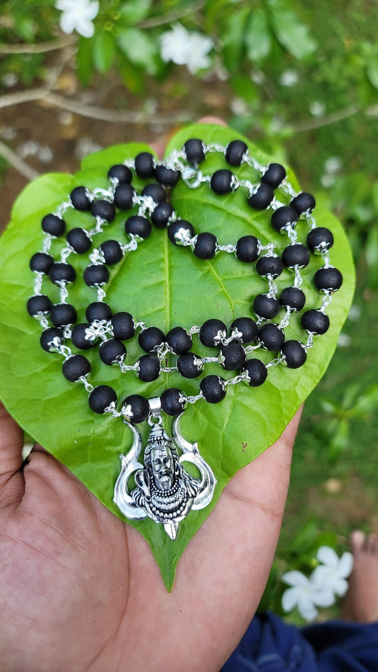 Karungali German Silver Mala with Shiva Dollar- TYPE D