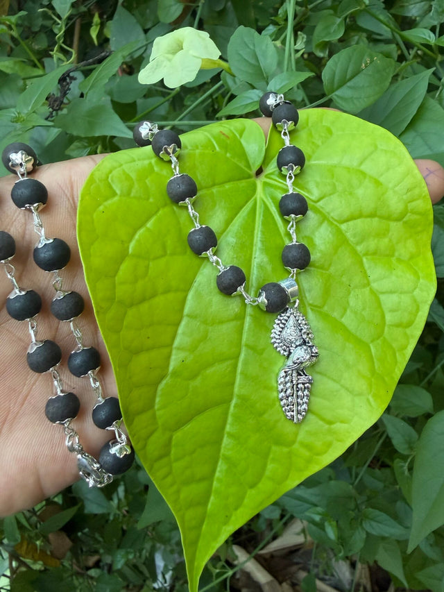 Karungali German silver mala with Vel Peacock Pendant