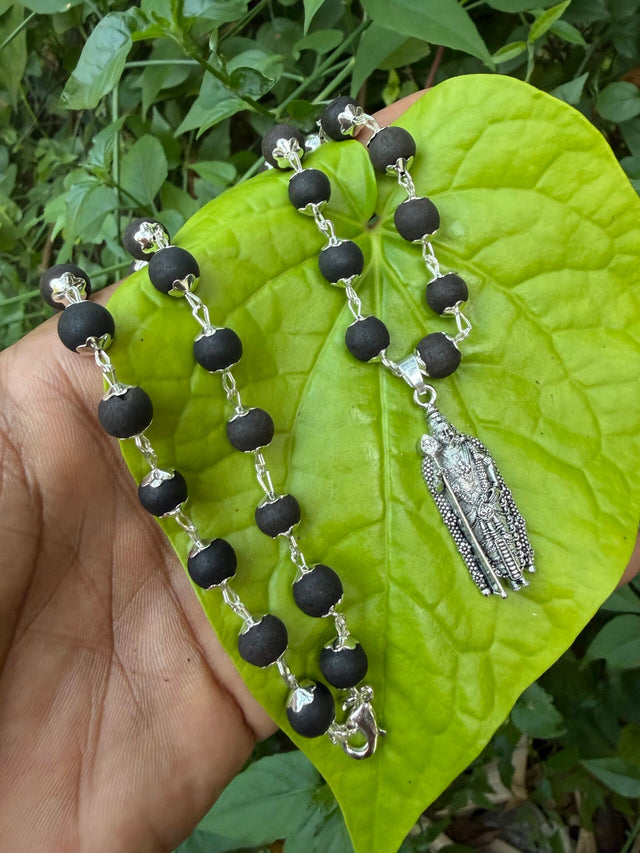 Karungali German silver mala with Murugan Dollar - TYPE C